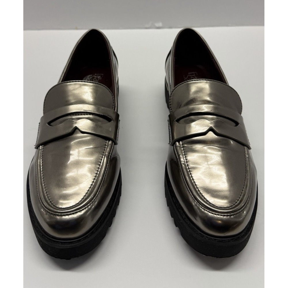 Franco Sarto Silver Faux Leather Loafer Comfort Shoes Women's 8.5 Low Block Heel